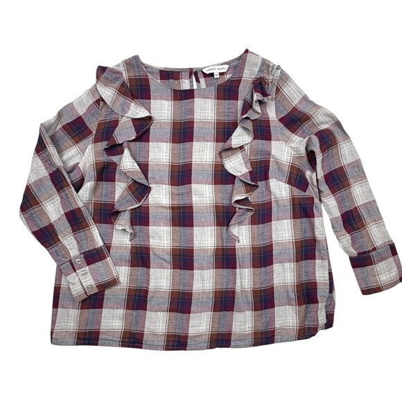 Capsule Plus Ruffle Plaid Blouse Burgundy Navy Cottagecore Prairie Chic 24 - Picture 1 of 14